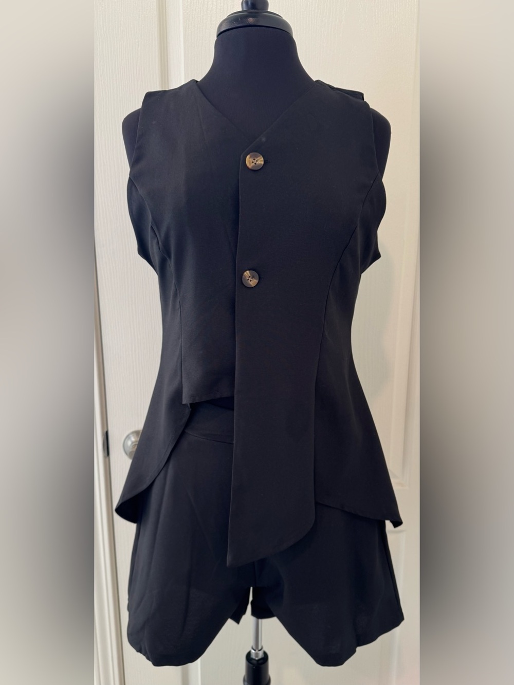 Black Asymmetric Button Vest Two Piece Short Set with 2 side pockets